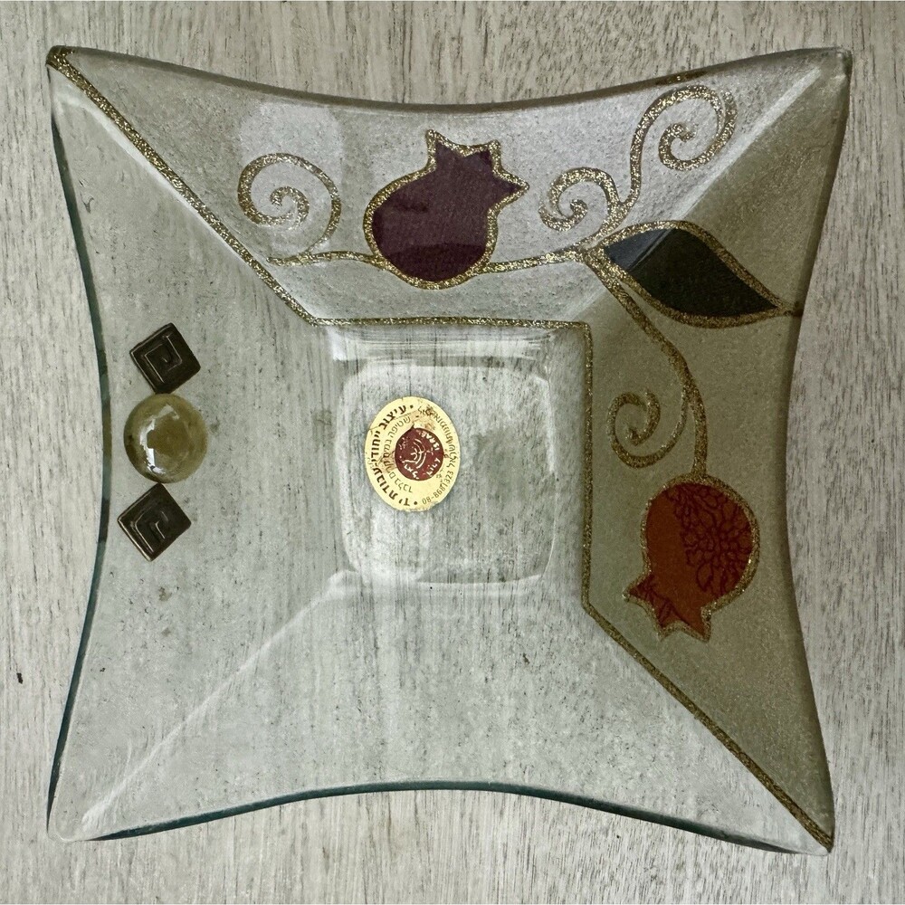 Lily Art Israel Handmade Glass Dish Pomegranate Design Gold Accents w/ Label